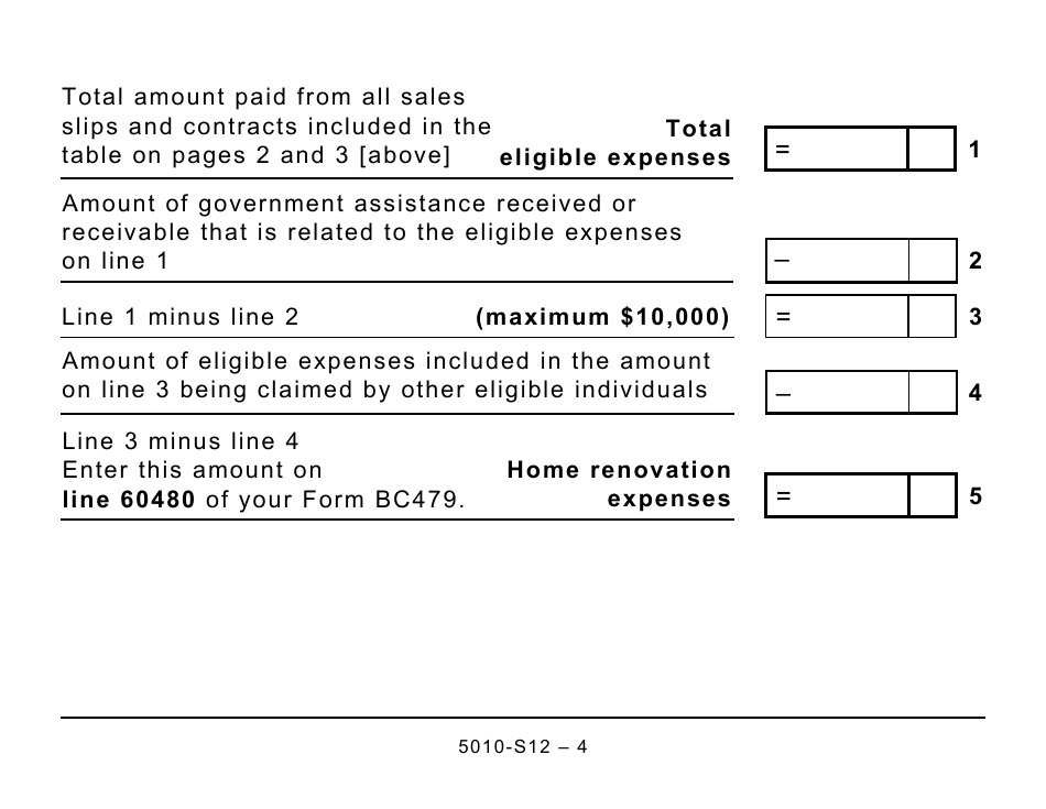 Form 5010-S12 Schedule BC(S12) British Columbia Home Renovation Tax Credit for Seniors and Persons With Disabilities - Large Print - Canada, Page 4