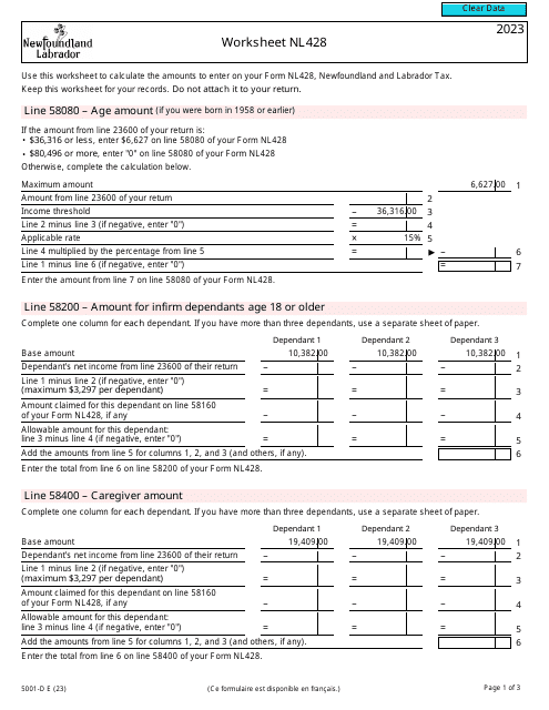 Form 5001-D Worksheet NL428 Newfoundland and Labrador - Canada, 2023