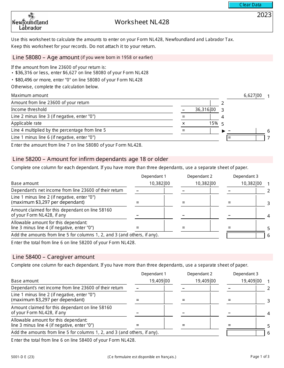 Form 5001-D Worksheet NL428 Newfoundland and Labrador - Canada, Page 1