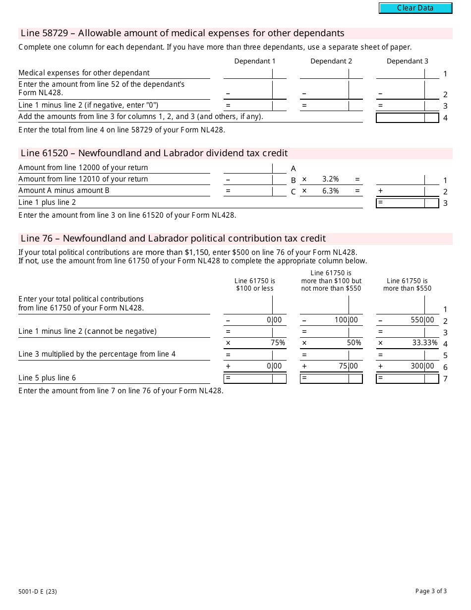 Form 5001-D Worksheet NL428 Newfoundland and Labrador - Canada, Page 3
