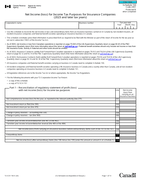 Form T2 Schedule 150 Net Income (Loss) for Income Tax Purposes for Insurance Companies (2023 and Later Tax Years) - Canada