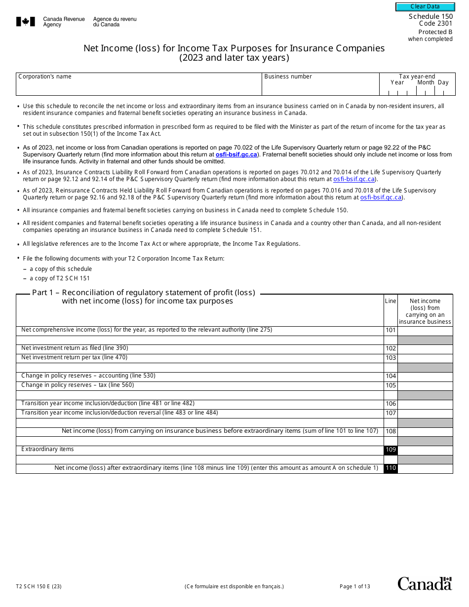 Form T2 Schedule 150 Net Income (Loss) for Income Tax Purposes for Insurance Companies (2023 and Later Tax Years) - Canada, Page 1