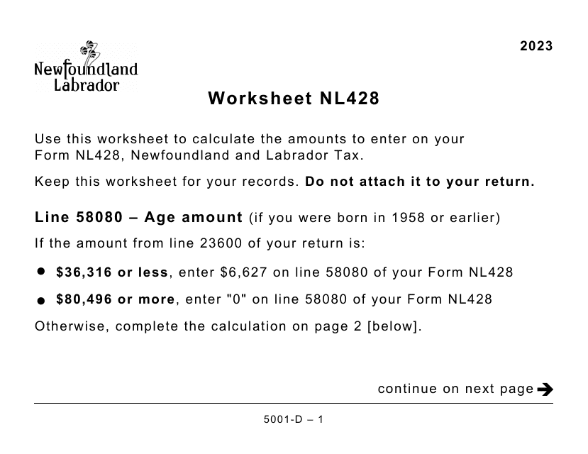 Form 5001-D Worksheet NL428 Newfoundland and Labrador - Large Print - Canada, 2023