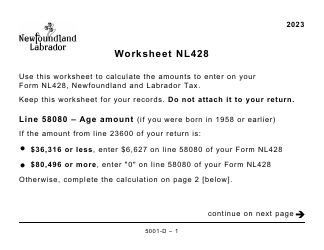 Form 5001-D Worksheet NL428 Newfoundland and Labrador - Large Print - Canada