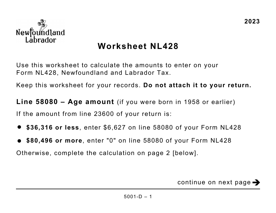 Form 5001-D Worksheet NL428 Newfoundland and Labrador - Large Print - Canada, Page 1