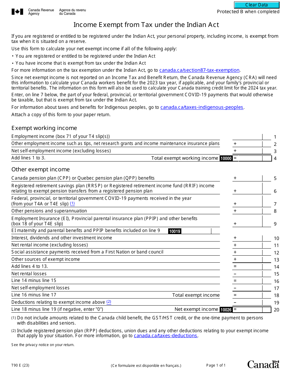 Form T90 Income Exempt From Tax Under the Indian Act - Canada, Page 1