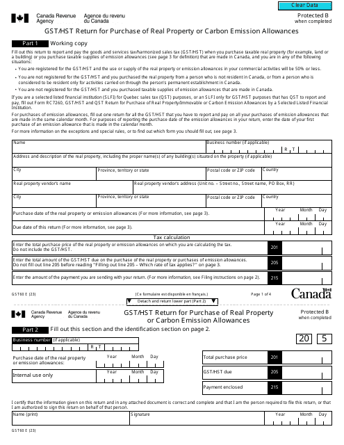 Form GST60 Gst/Hst Return for Purchase of Real Property or Carbon Emission Allowances - Canada
