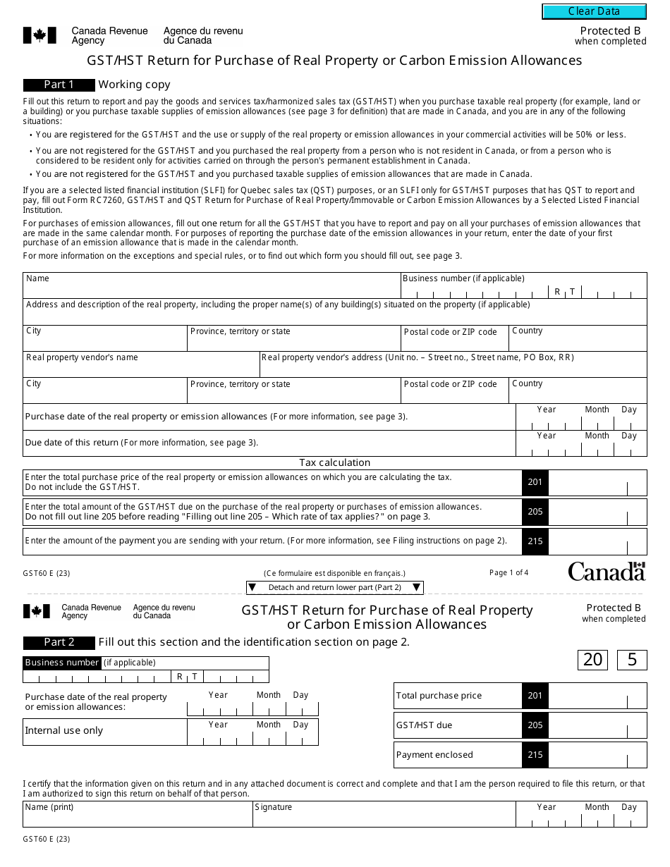 Form GST60 Gst / Hst Return for Purchase of Real Property or Carbon Emission Allowances - Canada, Page 1