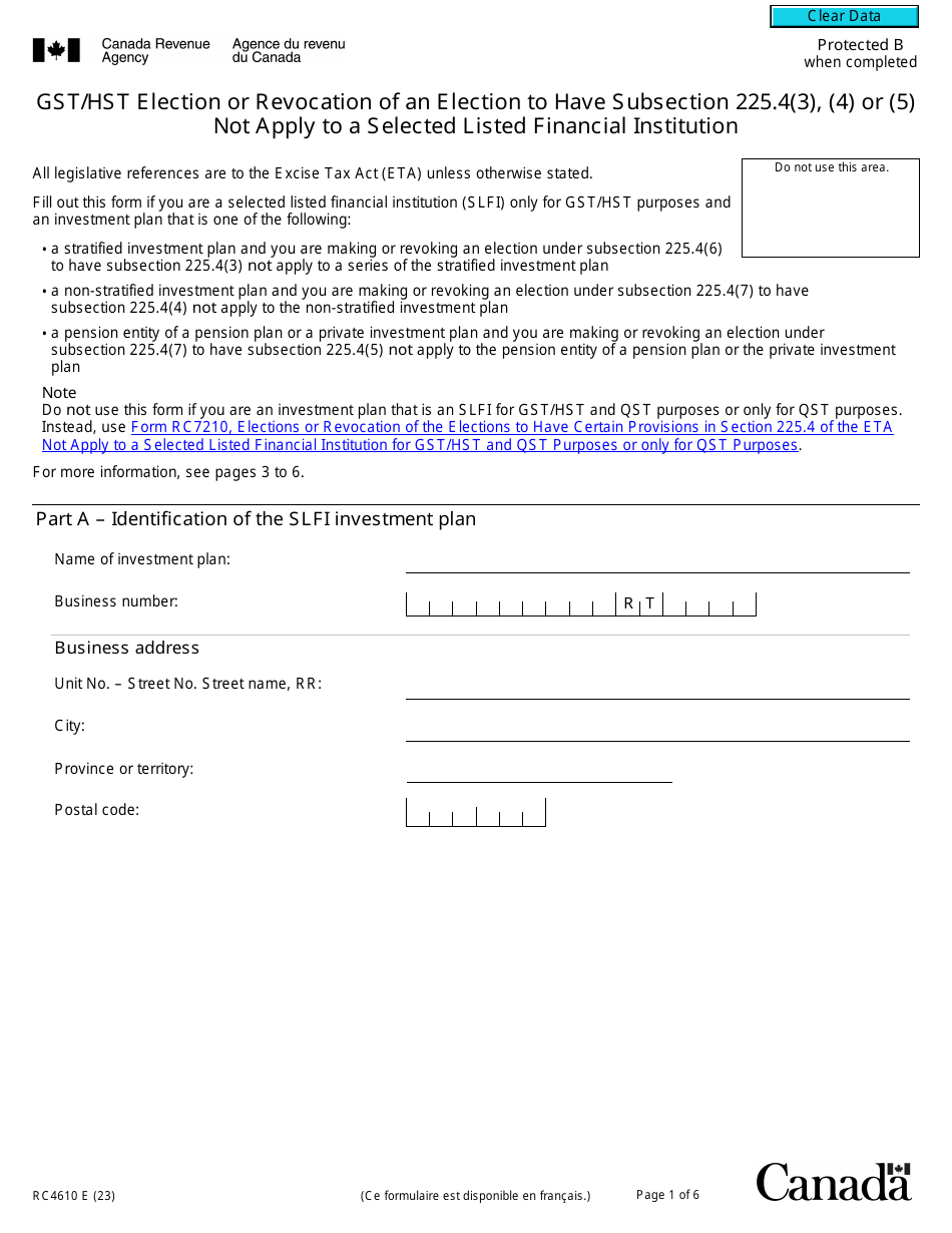 Form rc4610 download fillable pdf or fill online gst hst election or