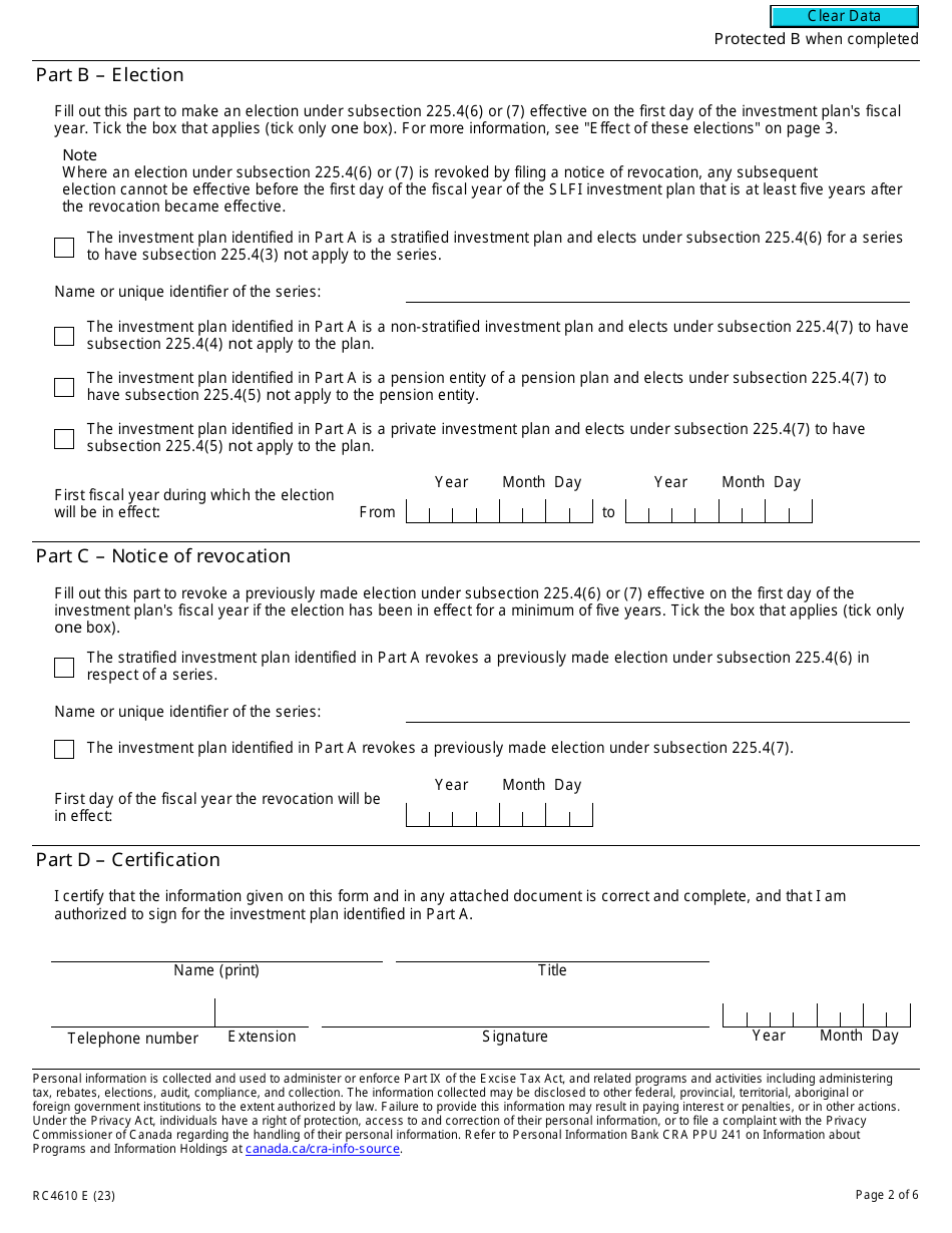 Form RC4610 Gst / Hst Election or Revocation of an Election to Have Subsection 225.4(3), (4) or (5) Not Apply to a Selected Listed Financial Institution - Canada, Page 2