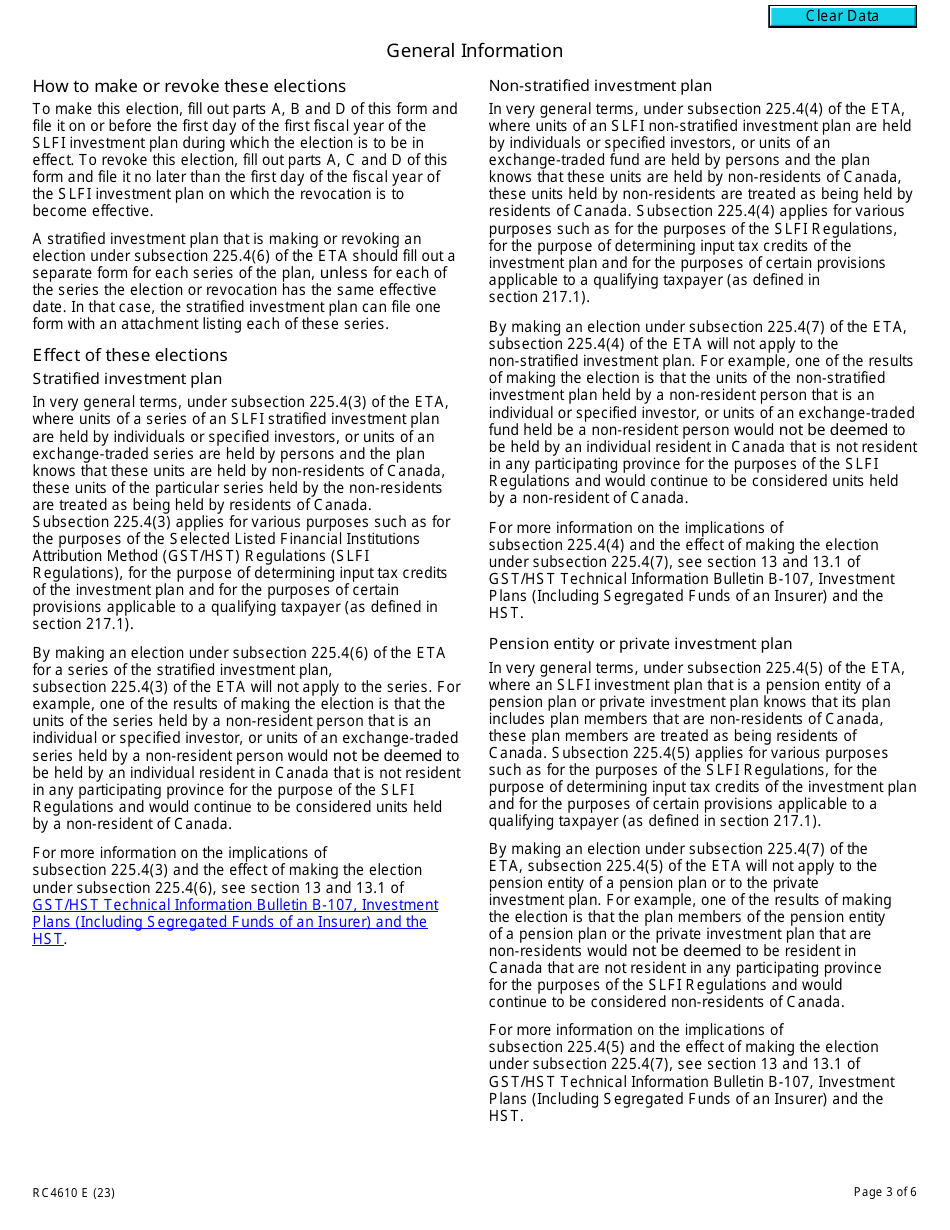 Form RC4610 Gst / Hst Election or Revocation of an Election to Have Subsection 225.4(3), (4) or (5) Not Apply to a Selected Listed Financial Institution - Canada, Page 3