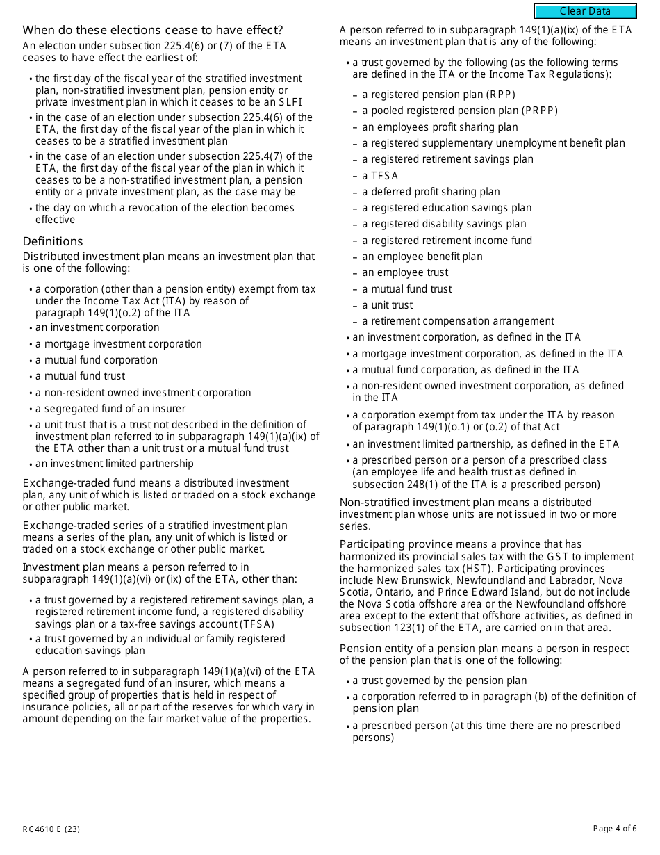 Form RC4610 Gst / Hst Election or Revocation of an Election to Have Subsection 225.4(3), (4) or (5) Not Apply to a Selected Listed Financial Institution - Canada, Page 4