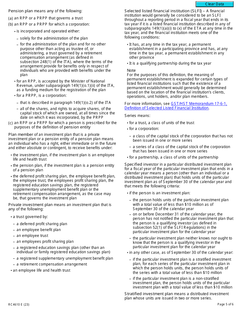 Form RC4610 Gst / Hst Election or Revocation of an Election to Have Subsection 225.4(3), (4) or (5) Not Apply to a Selected Listed Financial Institution - Canada, Page 5