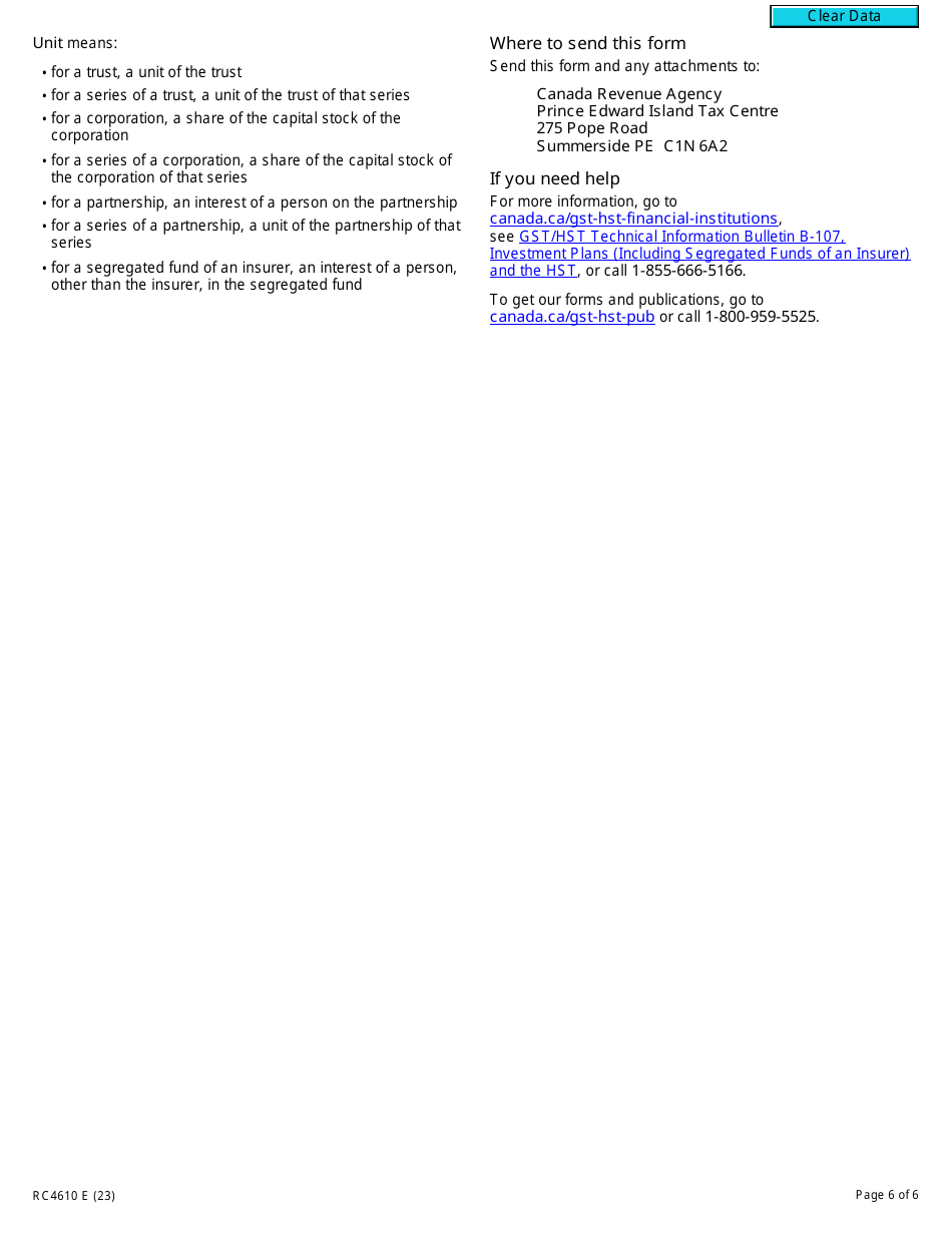Form RC4610 Gst / Hst Election or Revocation of an Election to Have Subsection 225.4(3), (4) or (5) Not Apply to a Selected Listed Financial Institution - Canada, Page 6
