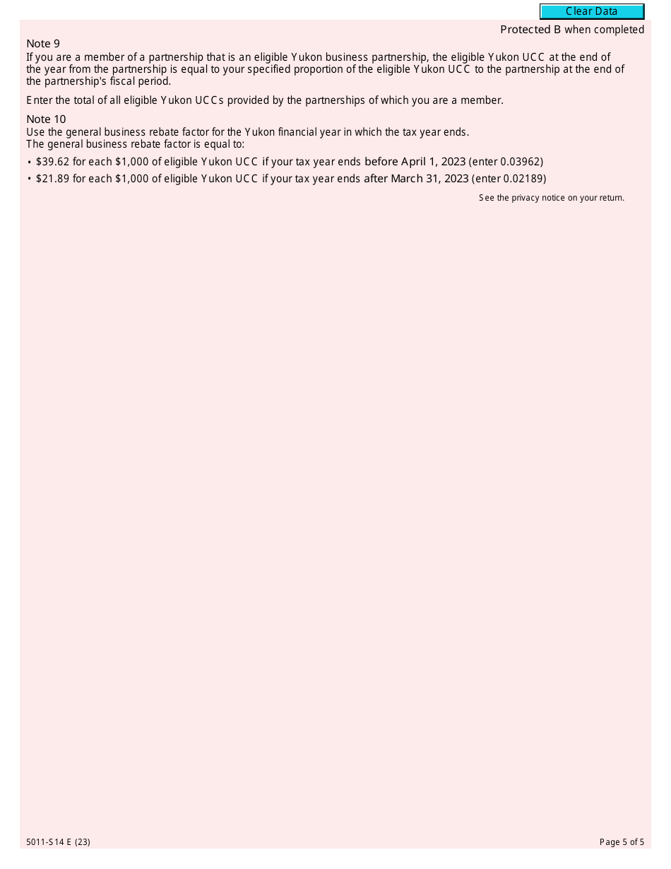 Form 5011-S14 Schedule YT(S14) Yukon Government Carbon Price Rebate - Canada, Page 5