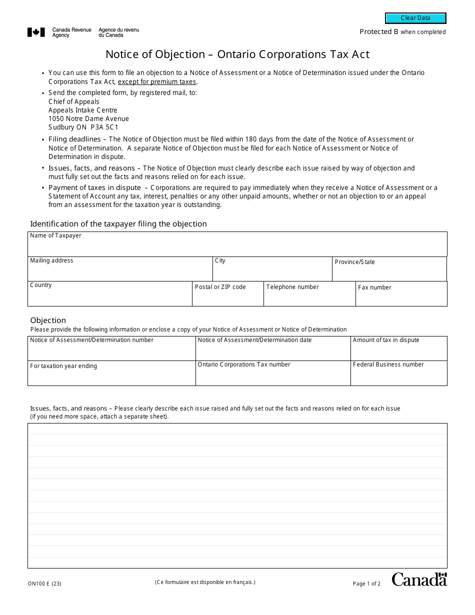 Form ON100 Notice of Objection - Ontario Corporations Tax Act - Canada, Page 1