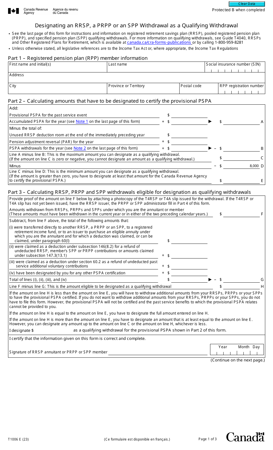 Form T1006 Designating an Rrsp, a Prpp or an Spp Withdrawal as a Qualifying Withdrawal - Canada, Page 1