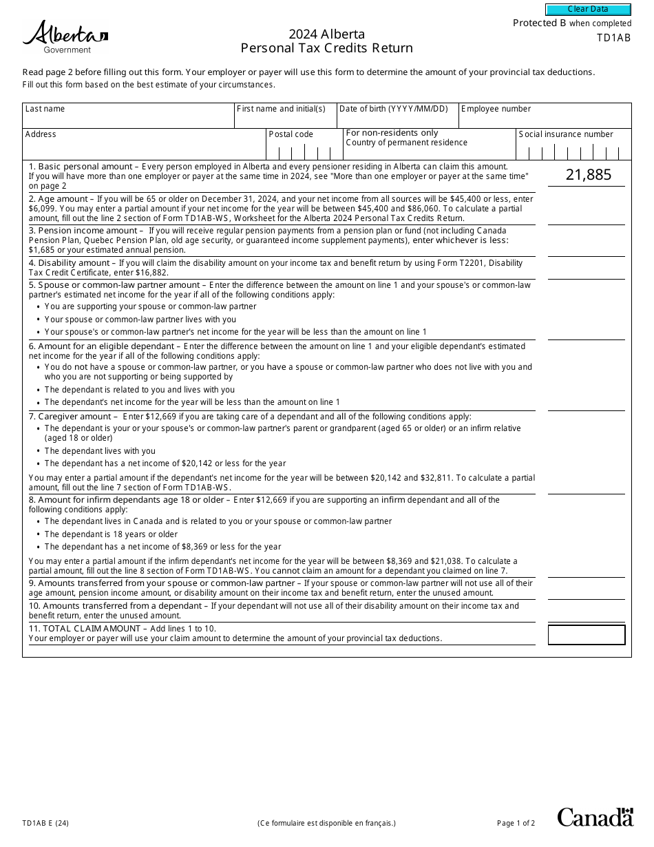 Form TD1AB Alberta Personal Tax Credits Return - Canada, Page 1