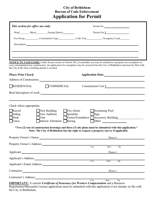 Application for Building / Zoning Permit - City of Bethlehem, Pennsylvania Download Pdf