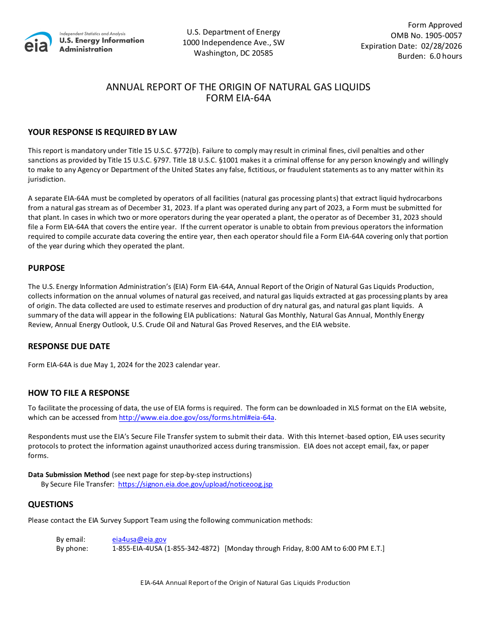 Instructions for Form EIA-64A Nnual Report of the Origin of Natural Gas Liquids, Page 1
