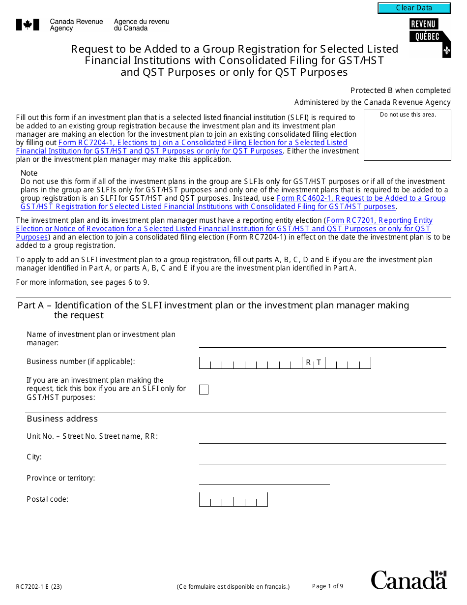 Form RC7202-1 Request to Be Added to a Group Registration for Selected Listed Financial Institutions With Consolidated Filing for Gst / Hst and Qst Purposes or Only for Qst Purposes - Canada, Page 1