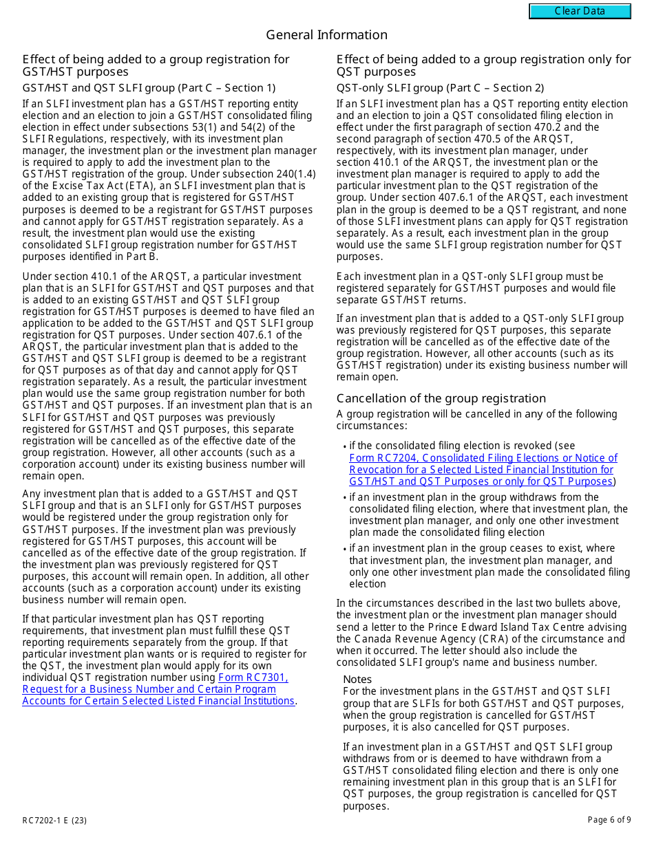 Form RC7202-1 Request to Be Added to a Group Registration for Selected Listed Financial Institutions With Consolidated Filing for Gst / Hst and Qst Purposes or Only for Qst Purposes - Canada, Page 6