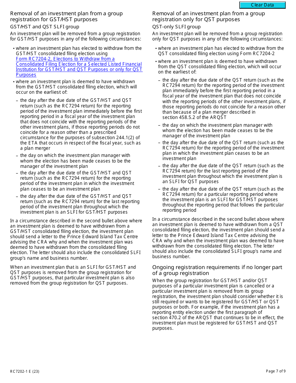 Form RC7202-1 Request to Be Added to a Group Registration for Selected Listed Financial Institutions With Consolidated Filing for Gst / Hst and Qst Purposes or Only for Qst Purposes - Canada, Page 7