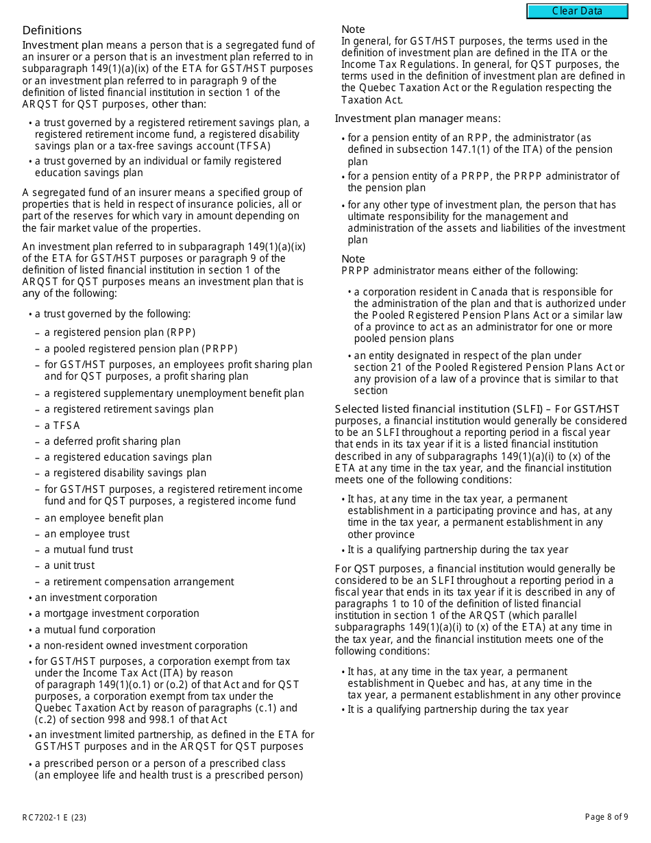 Form RC7202-1 Request to Be Added to a Group Registration for Selected Listed Financial Institutions With Consolidated Filing for Gst / Hst and Qst Purposes or Only for Qst Purposes - Canada, Page 8