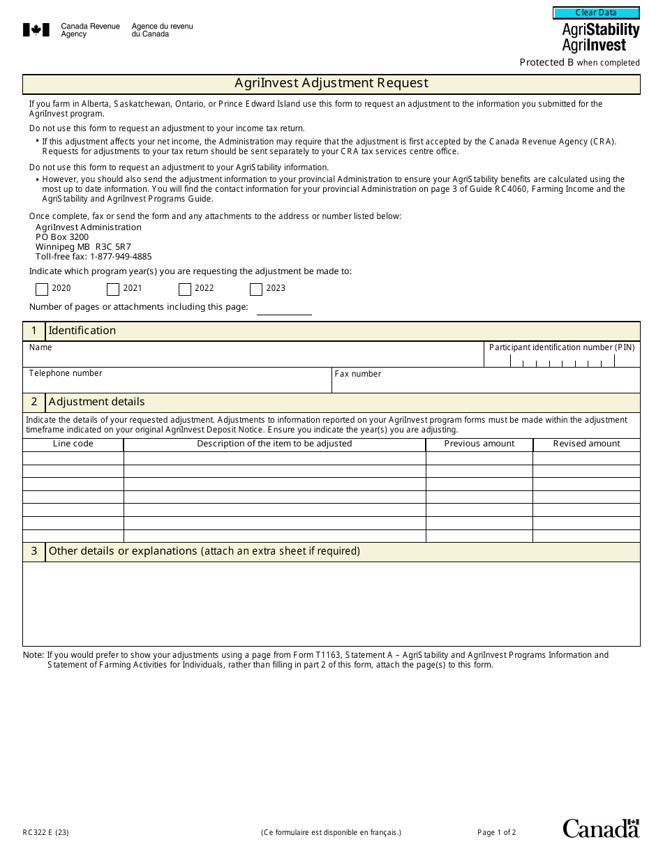 Form RC322 Agriinvest Adjustment Request - Canada, Page 1