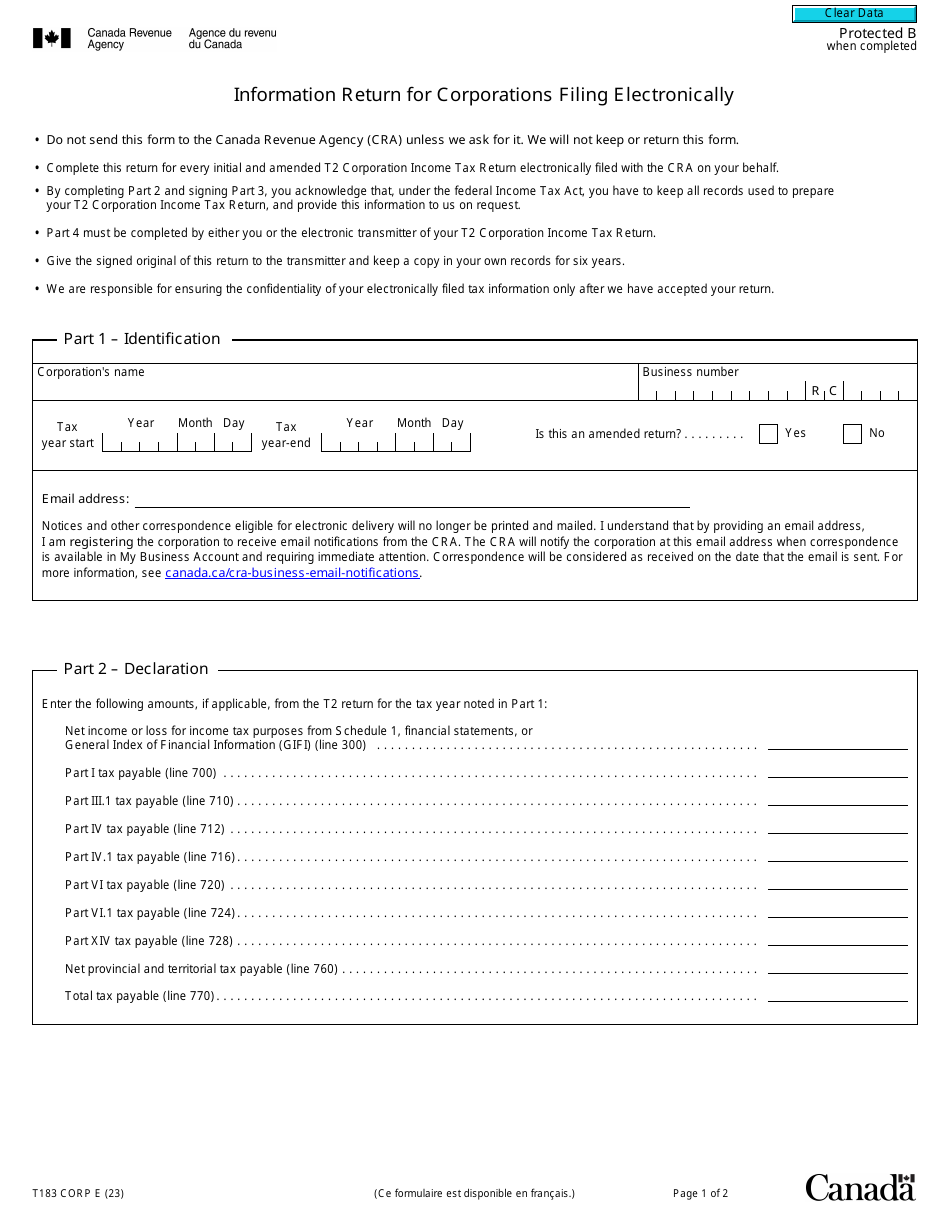Form T183 CORP Information Return for Corporations Filing Electronically - Canada, Page 1