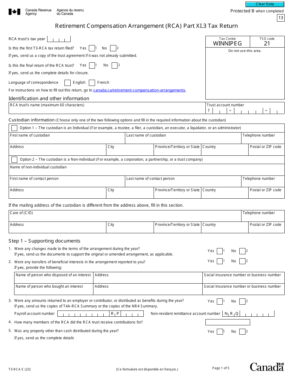 Form T3-RCA Retirement Compensation Arrangement (Rca) Part XI.3 Tax Return - Canada, Page 1