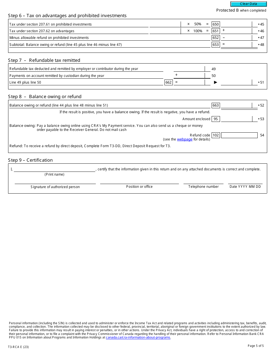 Form T3-RCA Retirement Compensation Arrangement (Rca) Part XI.3 Tax Return - Canada, Page 5