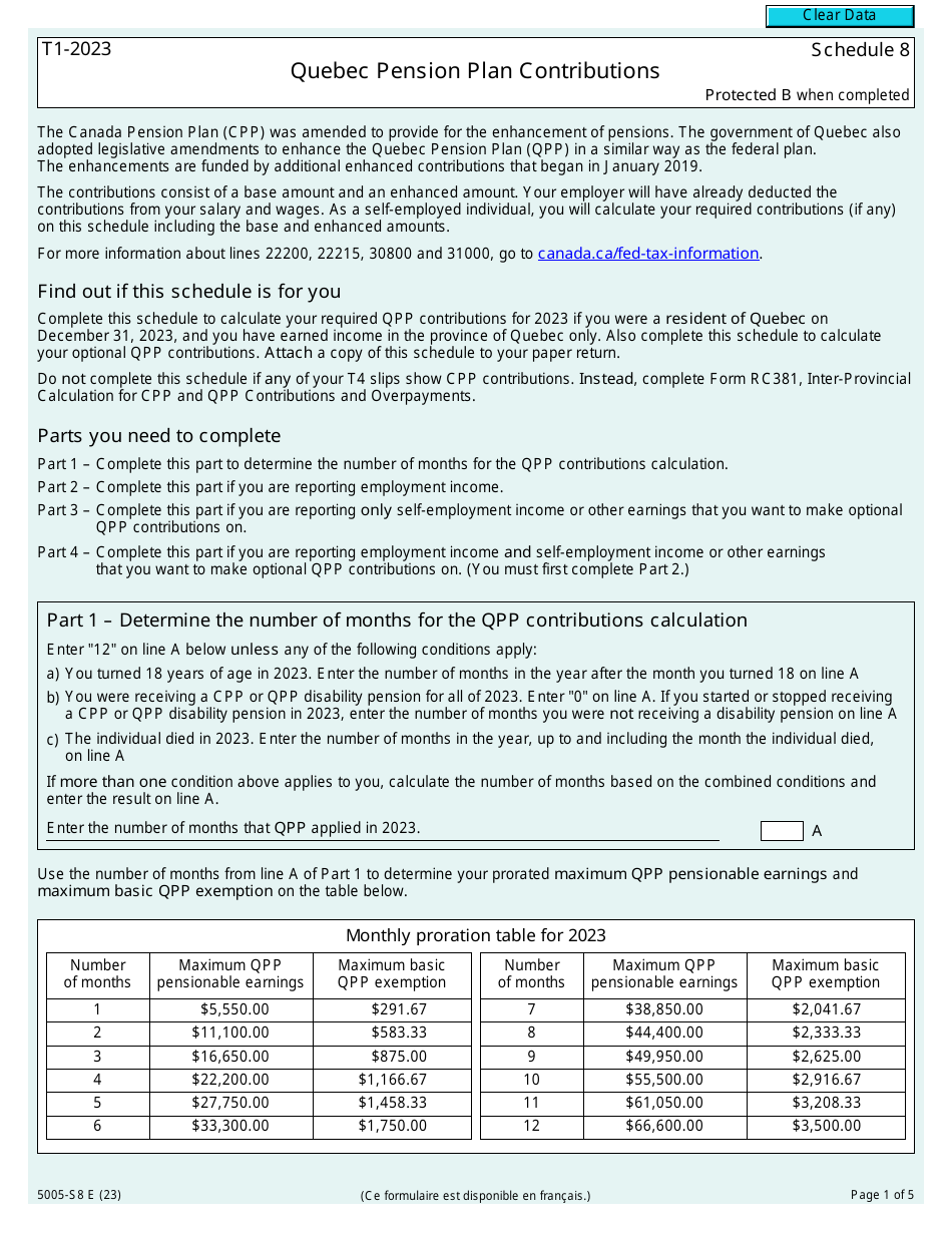 Form 5005-S8 Schedule 8 Quebec Pension Plan Contributions - Canada, Page 1