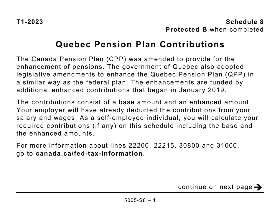 Form 5005-S8 Schedule 8 Quebec Pension Plan Contributions - Large Print - Canada, Page 1