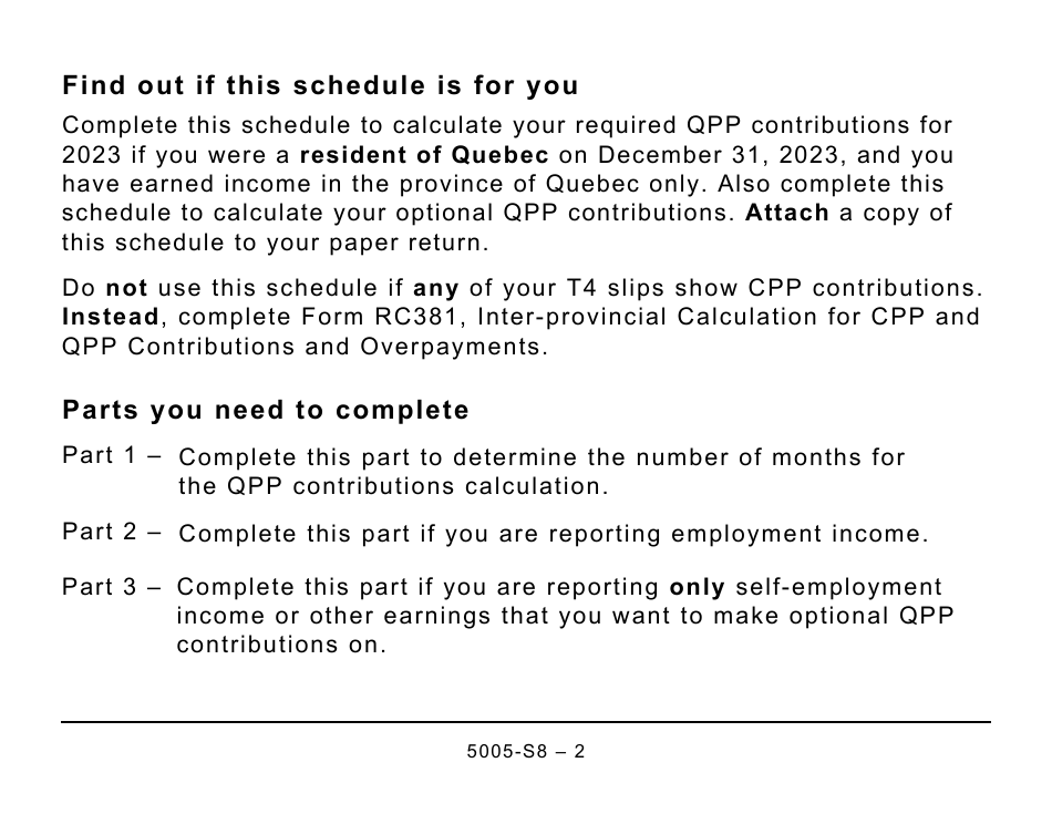Form 5005-S8 Schedule 8 Quebec Pension Plan Contributions - Large Print - Canada, Page 2