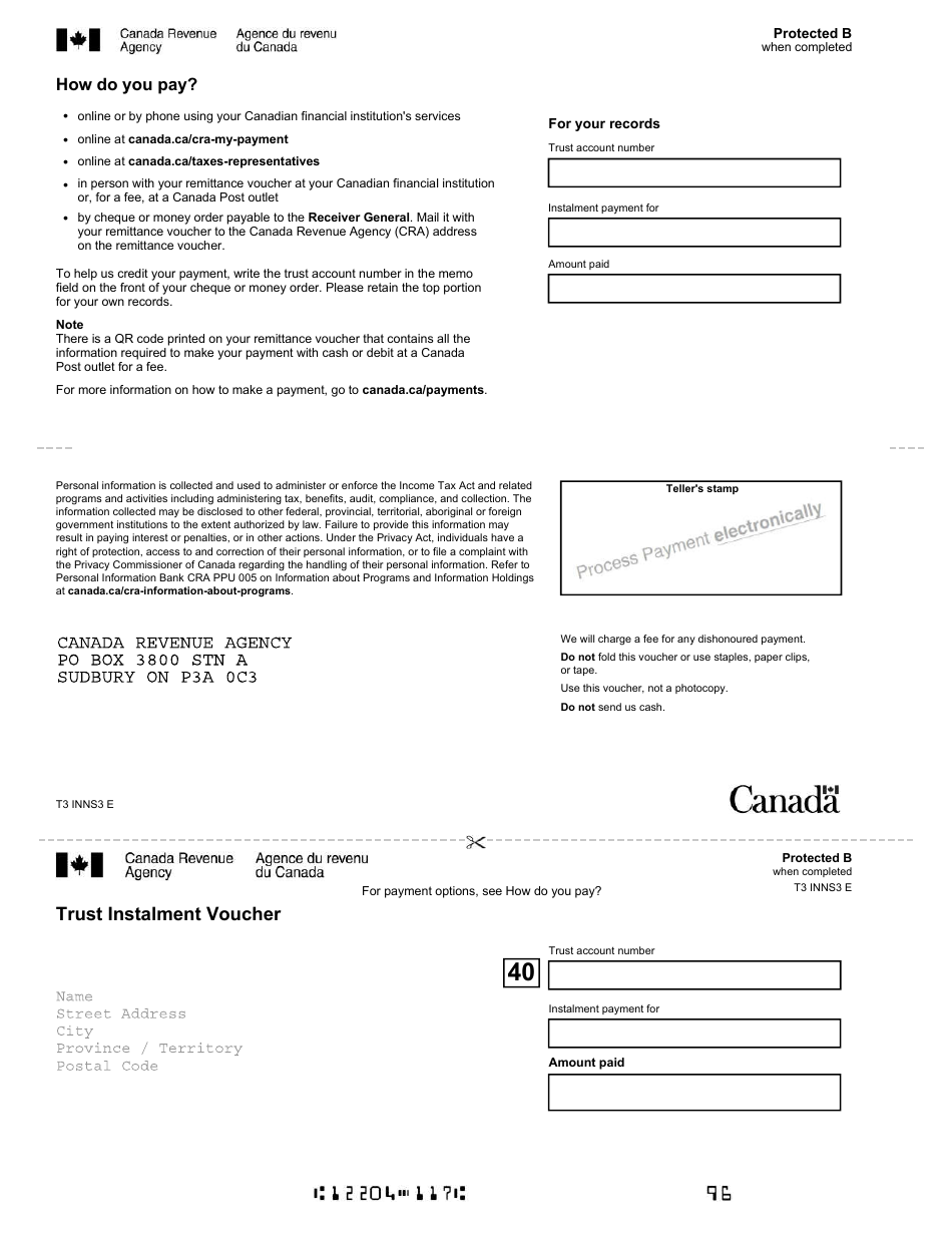 Form T3 INNS3 Trust Instalment Voucher - Canada, Page 1