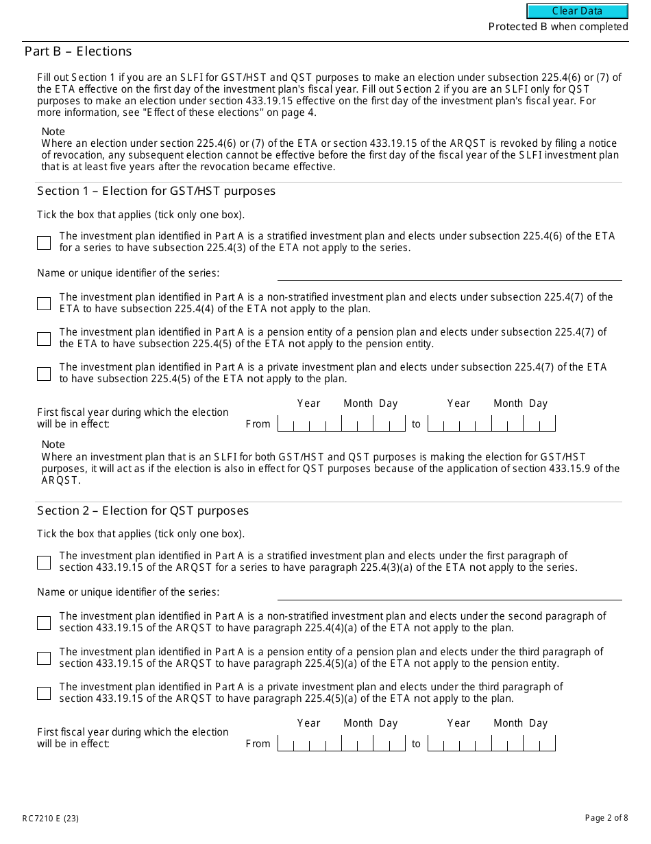 Form RC7210 Elections or Revocation of the Elections to Have Certain Provisions in Section 225.4 of the ETA Not Apply to a Selected Listed Financial Institution for Gst / Hst and Qst Purposes or Only for Qst Purposes - Canada, Page 2