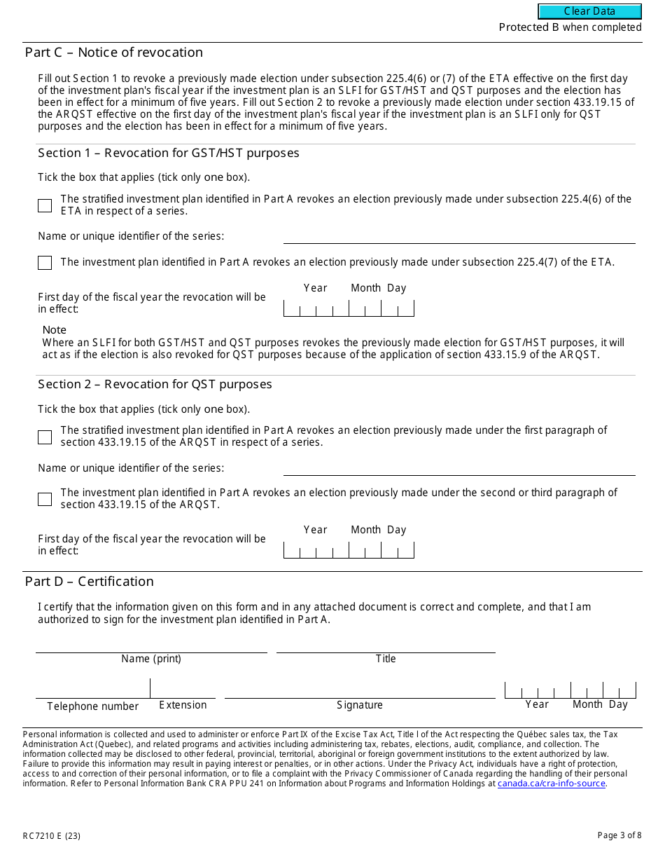 Form RC7210 Elections or Revocation of the Elections to Have Certain Provisions in Section 225.4 of the ETA Not Apply to a Selected Listed Financial Institution for Gst / Hst and Qst Purposes or Only for Qst Purposes - Canada, Page 3