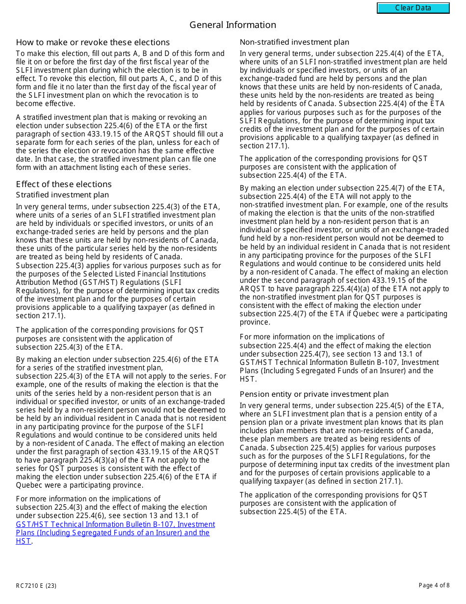 Form RC7210 Elections or Revocation of the Elections to Have Certain Provisions in Section 225.4 of the ETA Not Apply to a Selected Listed Financial Institution for Gst / Hst and Qst Purposes or Only for Qst Purposes - Canada, Page 4