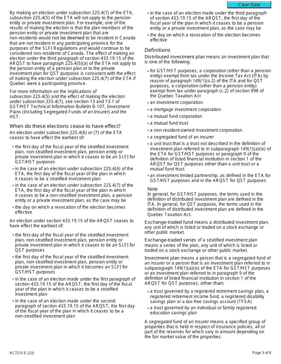 Form RC7210 Elections or Revocation of the Elections to Have Certain Provisions in Section 225.4 of the ETA Not Apply to a Selected Listed Financial Institution for Gst / Hst and Qst Purposes or Only for Qst Purposes - Canada, Page 5