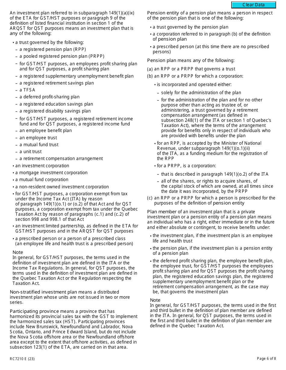 Form RC7210 Elections or Revocation of the Elections to Have Certain Provisions in Section 225.4 of the ETA Not Apply to a Selected Listed Financial Institution for Gst / Hst and Qst Purposes or Only for Qst Purposes - Canada, Page 6