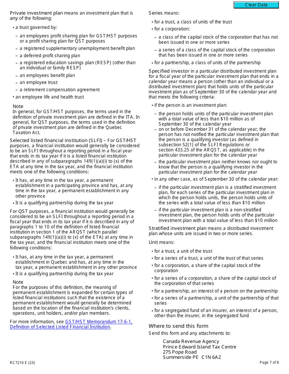 Form RC7210 Elections or Revocation of the Elections to Have Certain Provisions in Section 225.4 of the ETA Not Apply to a Selected Listed Financial Institution for Gst / Hst and Qst Purposes or Only for Qst Purposes - Canada, Page 7