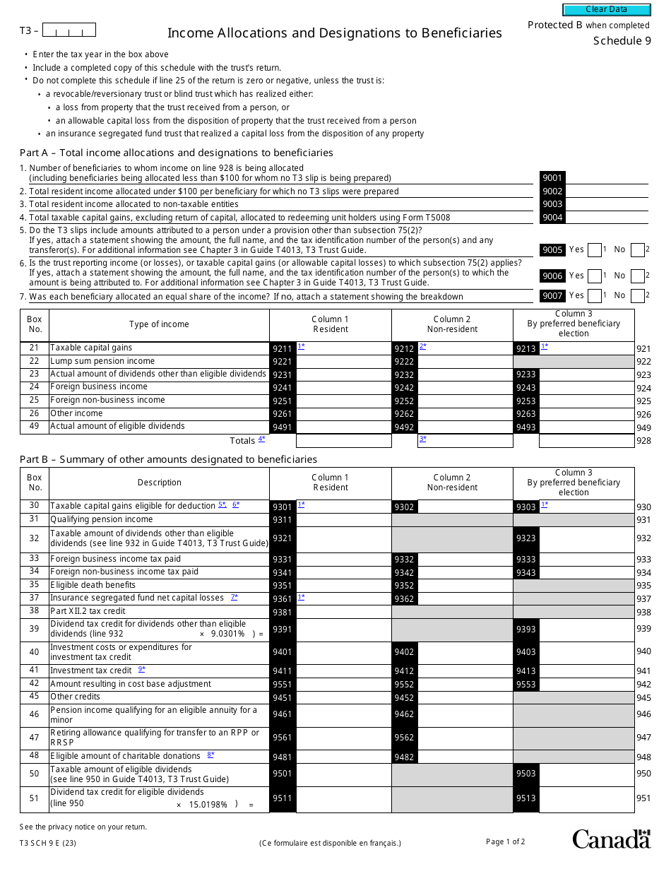 Form T3 Schedule 9 Income Allocations and Designations to Beneficiaries - Canada, Page 1