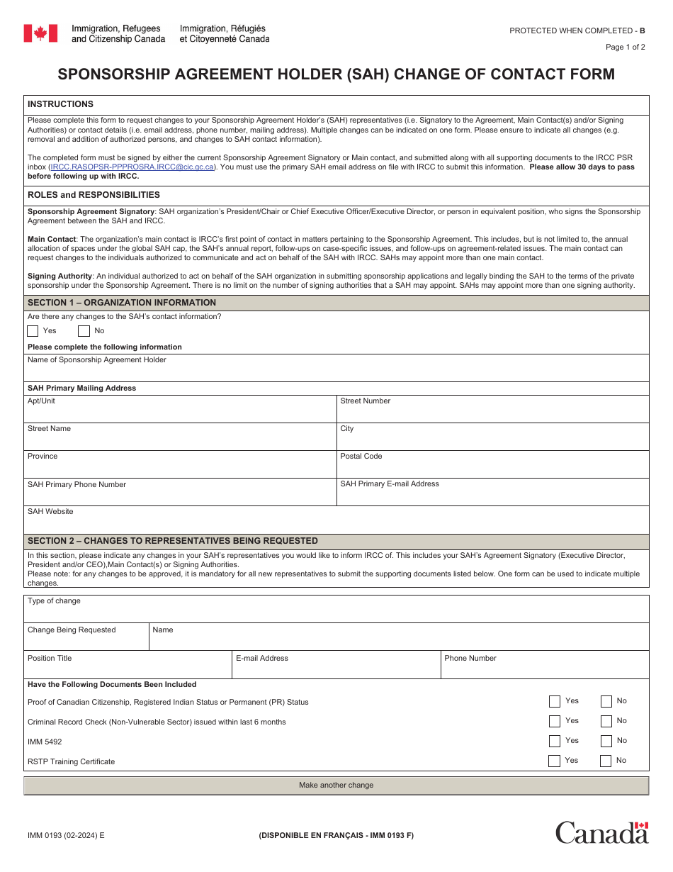 Form IMM0193 Sponsorship Agreement Holder (Sah) Change of Contact Form - Canada, Page 1