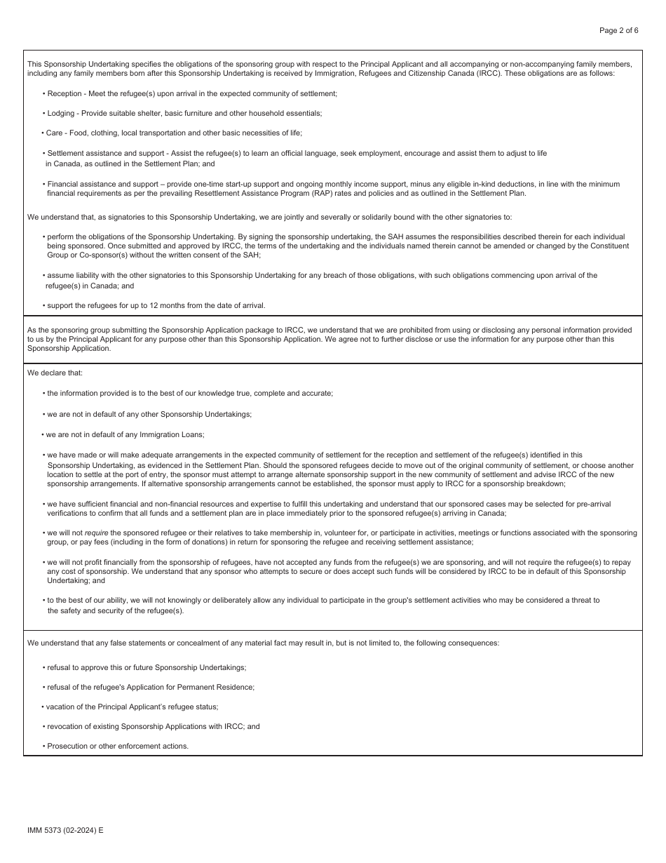Form IMM5373 Sponsorship Undertaking and Settlement Plan - Sponsorship Agreement Holders (Sah) - Canada, Page 2