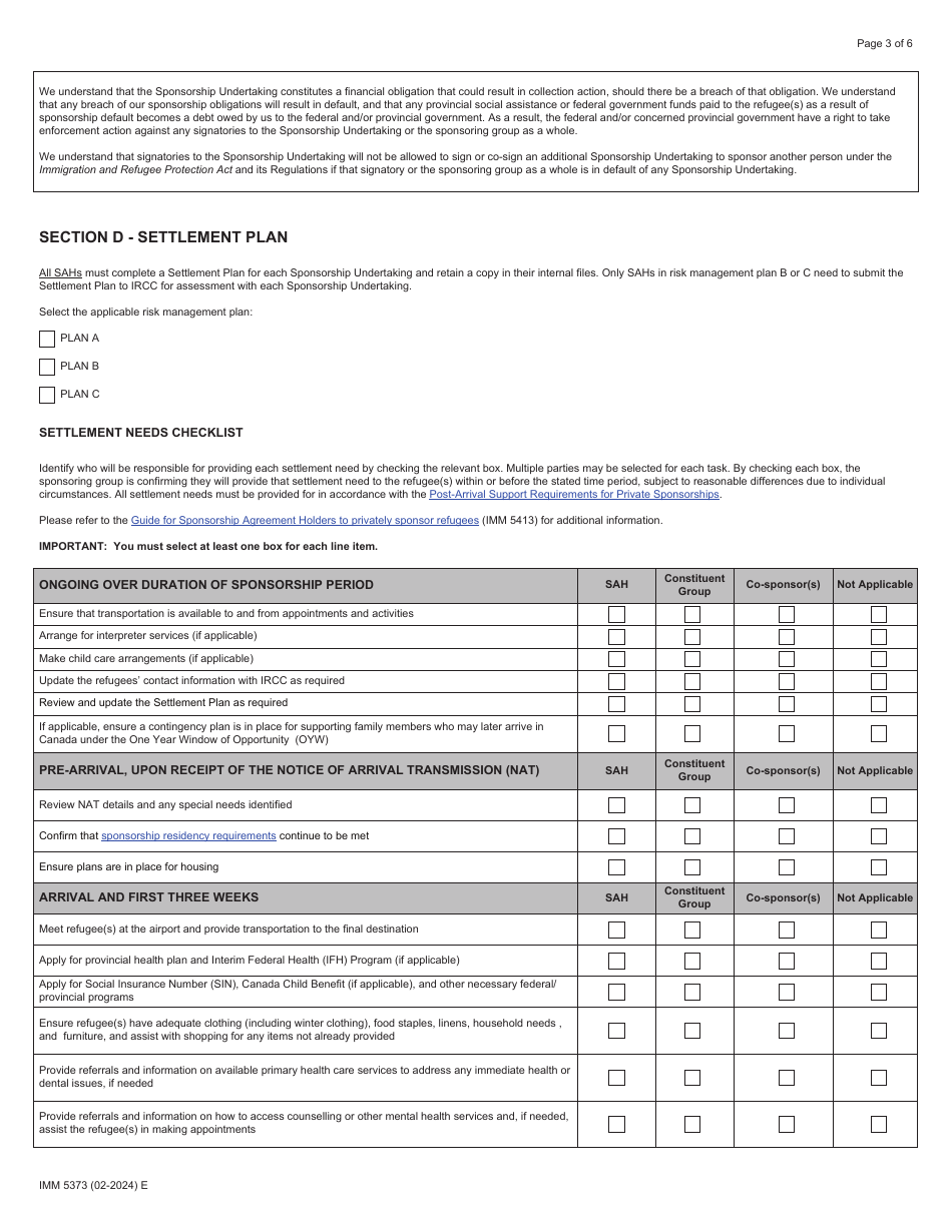 Form IMM5373 Sponsorship Undertaking and Settlement Plan - Sponsorship Agreement Holders (Sah) - Canada, Page 3
