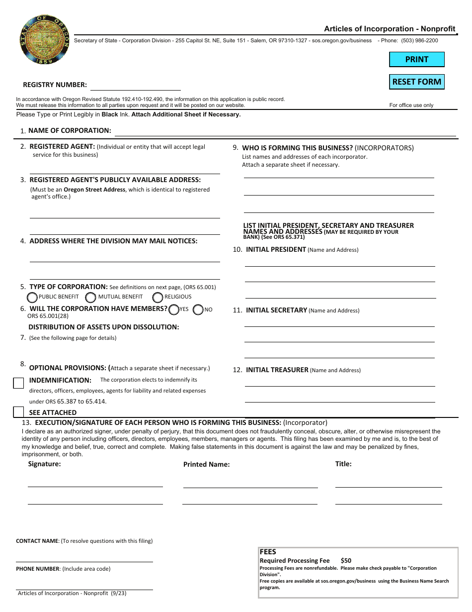 Articles of Incorporation - Nonprofit - Oregon, Page 1