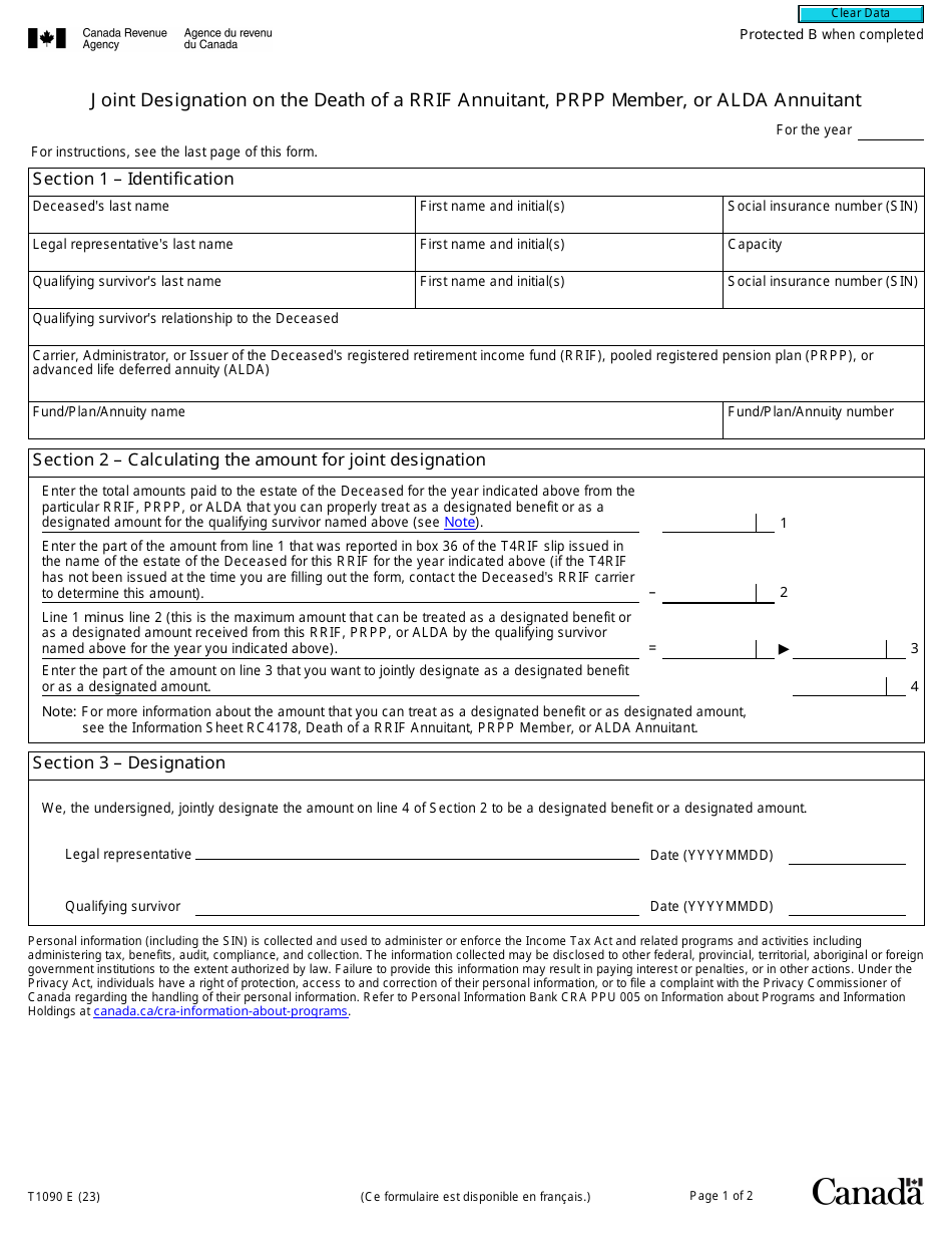 Form T1090 Joint Designation on the Death of a Rrif Annuitant, Prpp Member, or Alda Annuitant - Canada, Page 1
