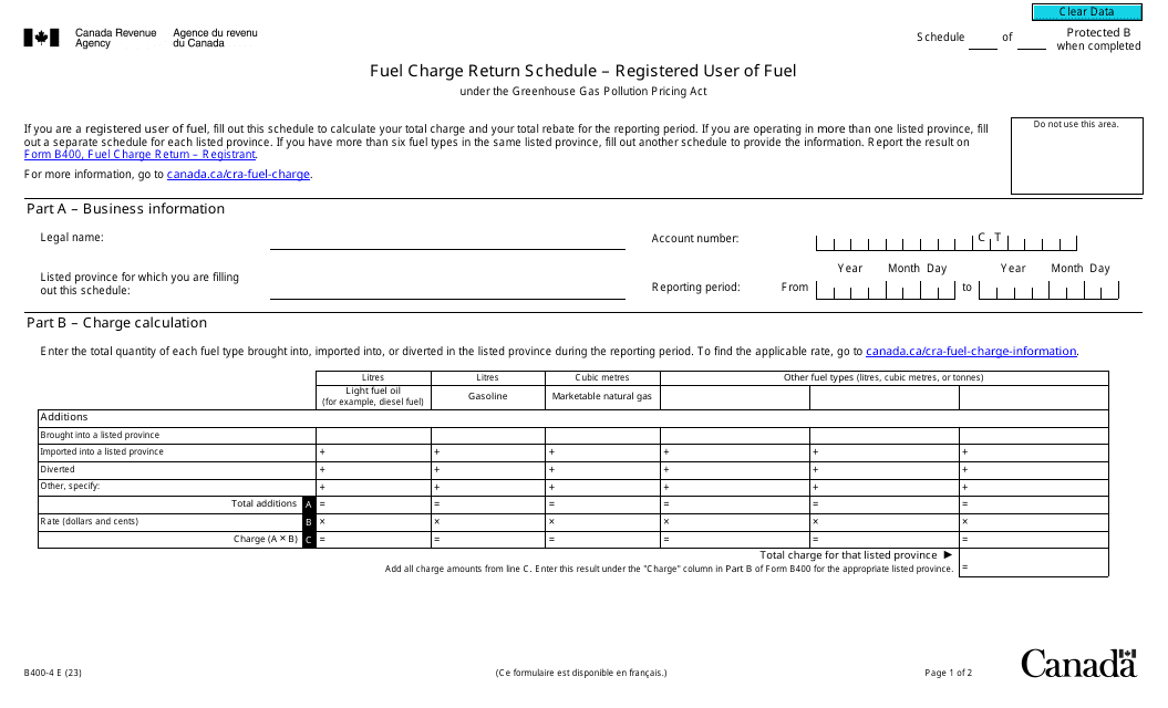 Form B400-4 Fuel Charge Return Schedule - Registered User of Fuel - Canada