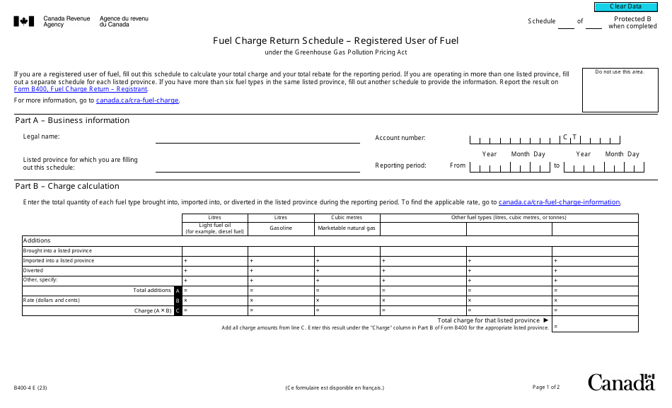 Form B400-4 Fuel Charge Return Schedule - Registered User of Fuel - Canada, Page 1